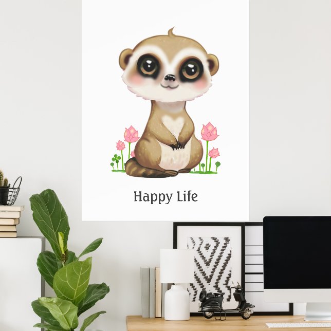 Póster Conejito mono adorable y flores Feliz (Oficina en casa)