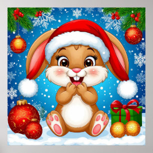 Póster Conejito Navideño Adorable con Gorro de Santa