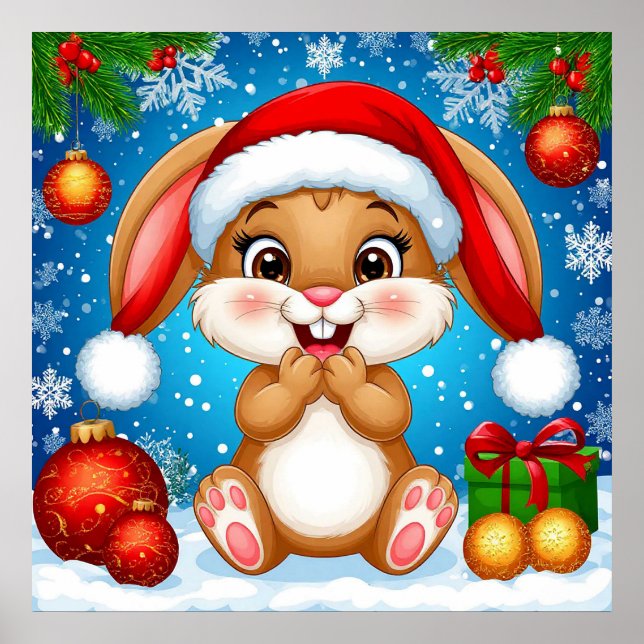 Póster Conejito Navideño Adorable con Gorro de Santa (Frente)