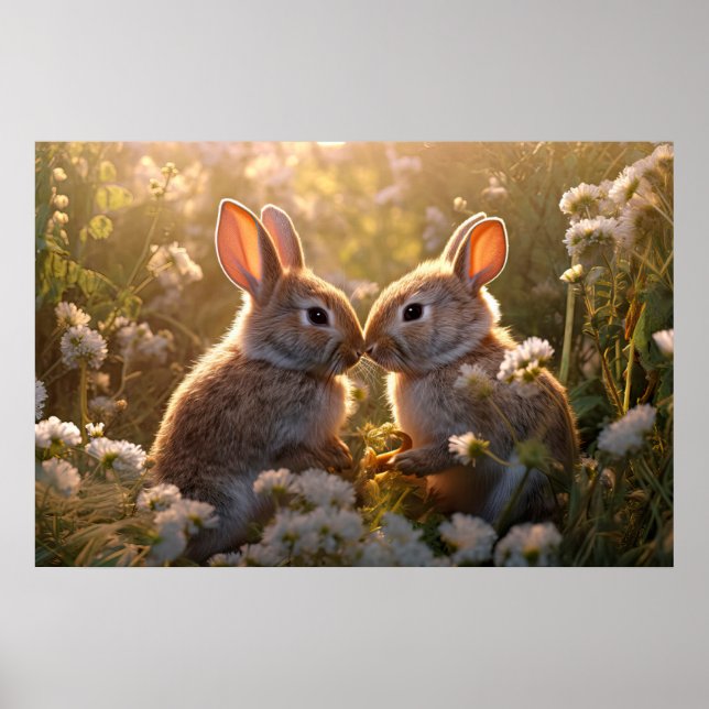 Póster Conejitos Adorables en Diseño de Prado de Primaver (Frente)