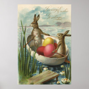 Póster Conejitos antiguos en barca, Cariñosos saludos de