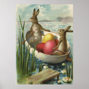 Póster Conejitos de Pascua antiguos en un barco con huevo