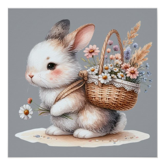 Póster Conejo Adorable con Flores Arte de Acuarela (Anverso)