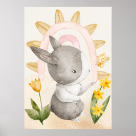 Póster Conejo, animales bebés, boho, flores amarillas, ar