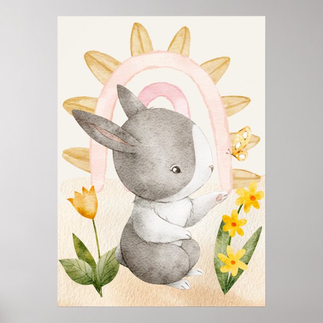Póster Conejo, animales bebés, boho, flores amarillas, ar (Frente)