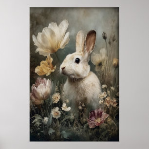 Póster Conejo Antiguo Estampa de Flor de Pascua