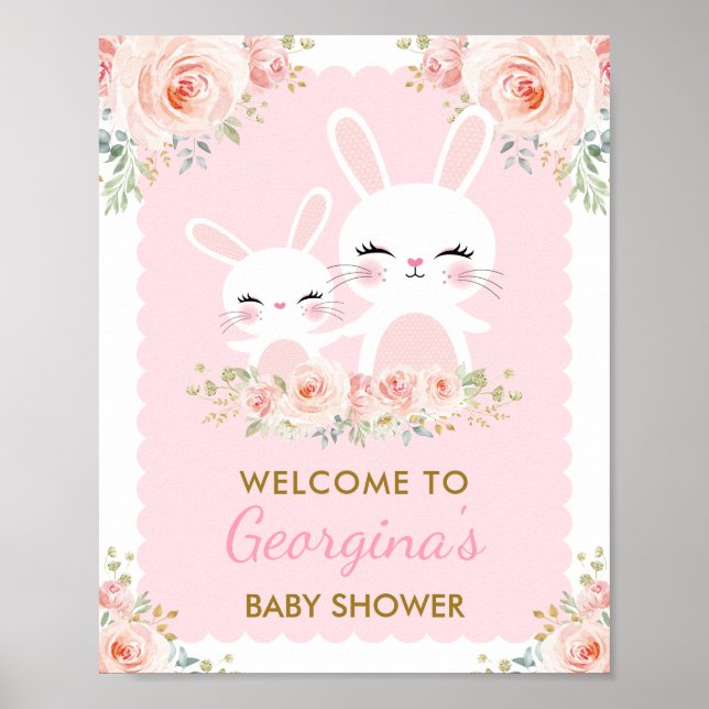 Póster Conejo Baby Shower Cute Conejo Girly Pink Floral (Frente)