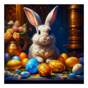 Póster Conejo barroco de Pascua Blanca con huevos