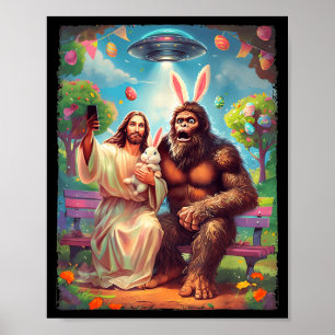 Póster Conejo Bigfoot divertido Pascua Jesús sasquatch se