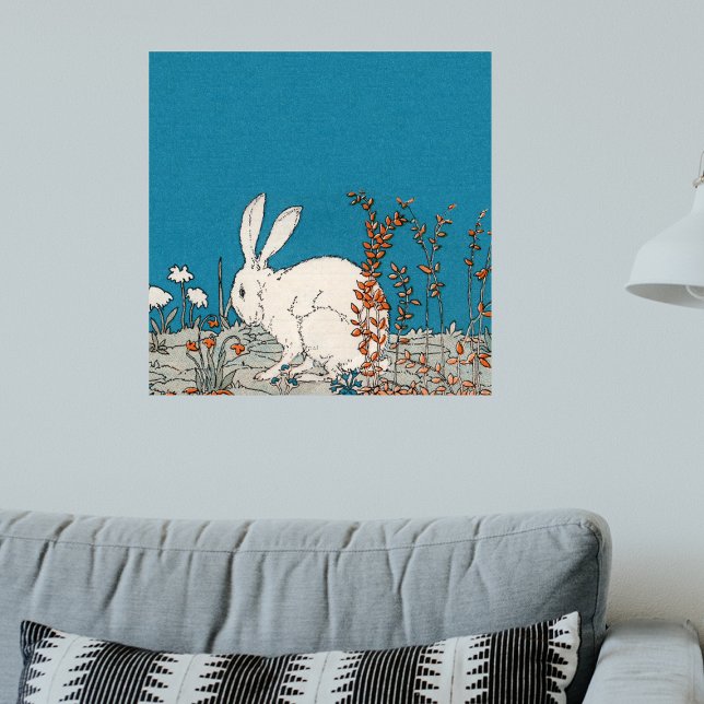 Póster Conejo blanco bonito sentado en flores sobre azul (Pretty white rabbit sitting among orange and white flowers on blue artwork wall poster.)
