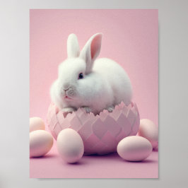 Póster Conejo blanco de Pascua y fondo rosado de huevos