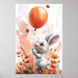 Póster Conejo blanco lindo con ilo digital de globo Naran