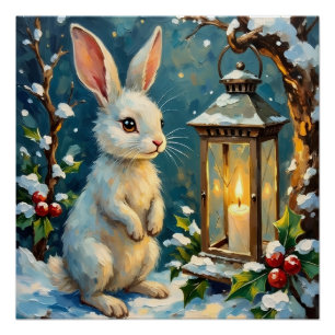 Póster Conejo Blanco Vintage con Linterna de Navidad