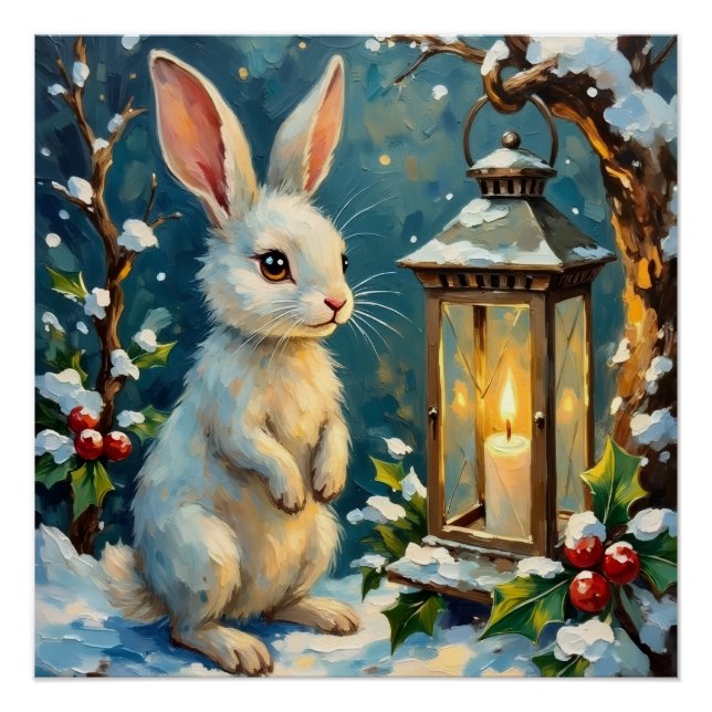 Póster Conejo Blanco Vintage con Linterna de Navidad (Anverso)
