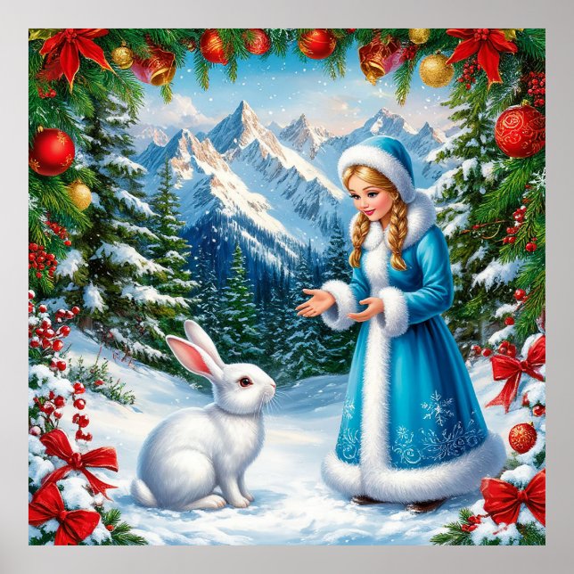 Póster Conejo Blanco y Doncella de Nieve en Bosque Invern (Frente)