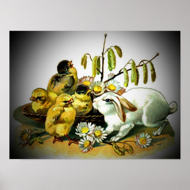 Póster Conejo blanco y pollitos de Pascua vintage, ZSSG (Frente)