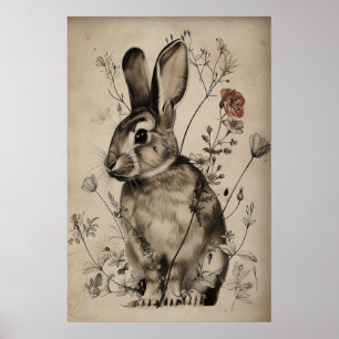 Póster Conejo Boho Estampa de Flor, Liebre Rústica
