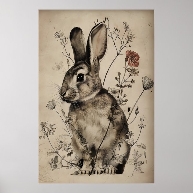 Póster Conejo Boho Estampa de Flor, Liebre Rústica (Frente)
