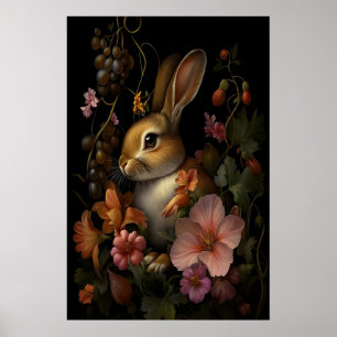 Póster Conejo Botánico Dark Gothic Cottagecore, Oscuro