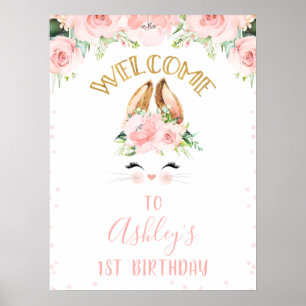 Póster Conejo con flores rosadas Face Bienvenidos al Rótu