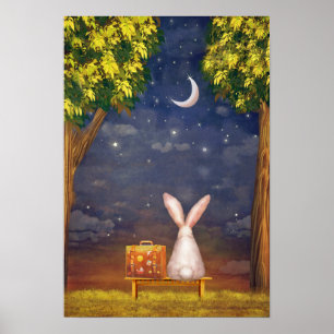 Póster Conejo con una maleta mirando al cielo nocturno