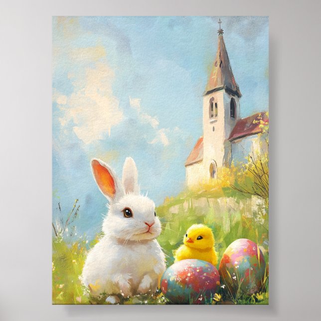 Póster Conejo conejo de pascua y polluelo con iglesia (Frente)