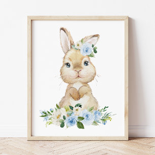 Póster Conejo, conejo, flores azules, niñera