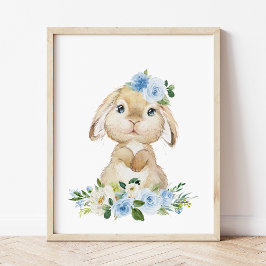 Póster Conejo, conejo, flores azules, niñera
