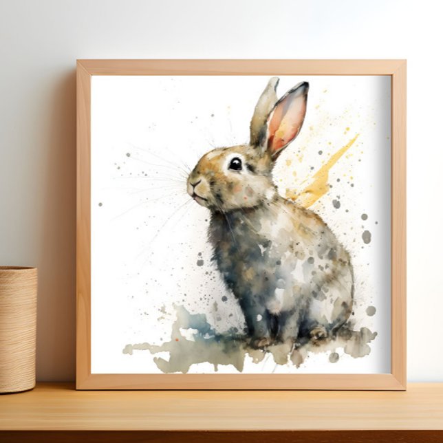 Póster Conejo cutáneo acuarela (A watercolor painting of a rabbit is shown in a light wood frame.)