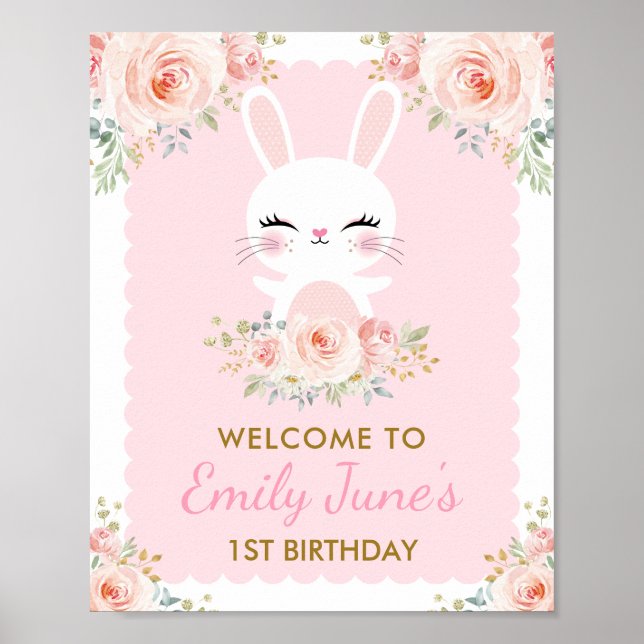 Póster Conejo Cute de conejo Floral Rosa Fiesta de cumple (Frente)