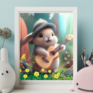 Póster Conejo Cute tocando una guitarra en el jardín de f