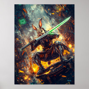 Póster Conejo Cyber Ronin – Guardián de la Hoja de Neón