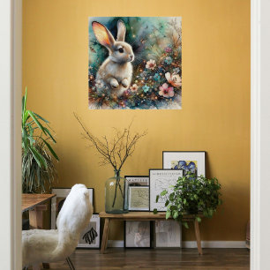 Póster Conejo de Acuarela Bosque Flores Pastel Pascua