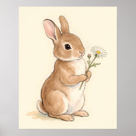 Póster Conejo de Acuarela Dulce Sosteniendo Flor de Marga