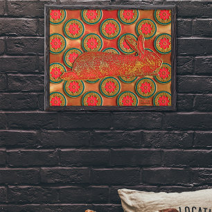 Póster Conejo de Año Nuevo con Patrón Rojo Dorado Verde C