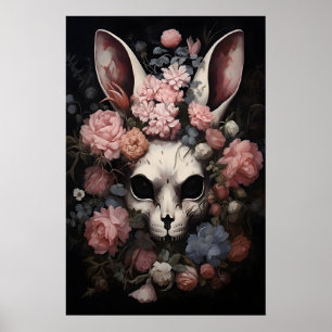 Póster Conejo de cráneo gótico, estampado floral oscuro