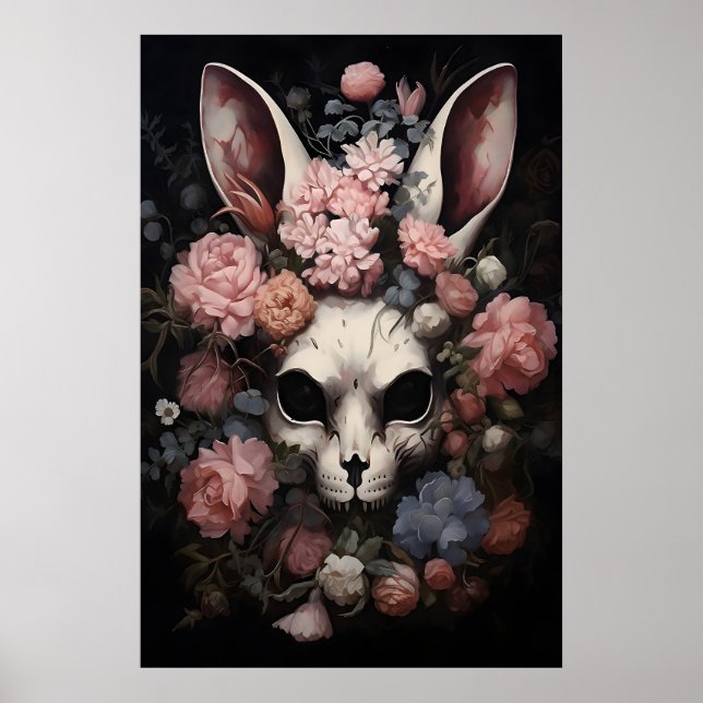 Póster Conejo de cráneo gótico, estampado floral oscuro (Frente)