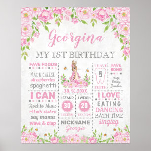 Póster Conejo de Cumpleaños Floral Rosa Estadísticas de H
