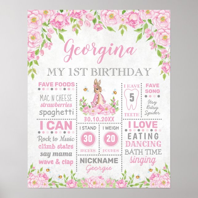 Póster Conejo de Cumpleaños Floral Rosa Estadísticas de H (Frente)