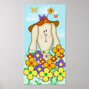Póster Conejo de dibujos animados con flores