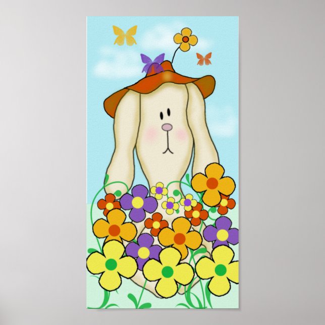 Póster Conejo de dibujos animados con flores (Frente)