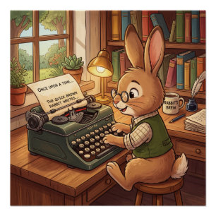 Póster Conejo de dibujos animados escribiendo en una máqu