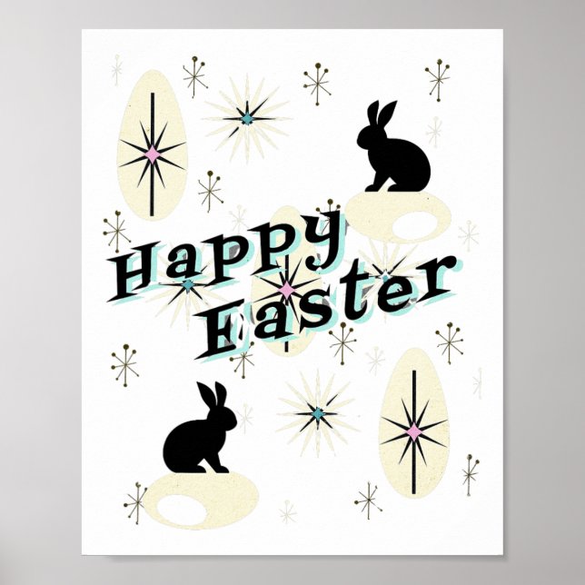 Póster Conejo de estilo moderno Happy Easter Retro Mid Ce (Frente)