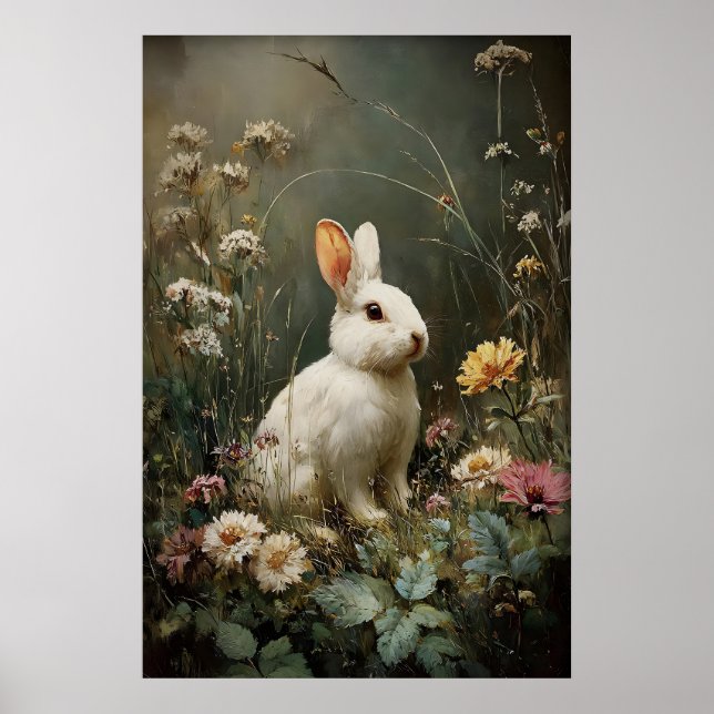 Póster Conejo de Flor Antigua Impresión, Granja de Conejo (Frente)