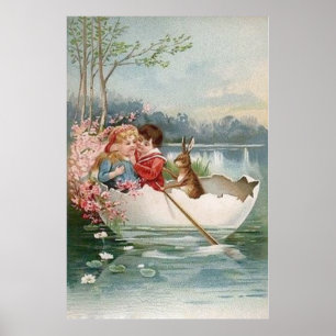 Póster Conejo de Pascua Barco Joven Pareja Paisaje