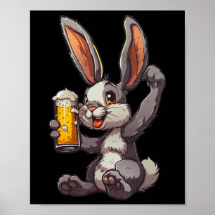 Póster Conejo de Pascua bebiendo una cerveza fría en el d