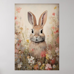 Póster Conejo de Pascua Campo de Flores Imprimir, Cottage