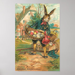 Póster Conejo De Pascua Con Huevos Para Niños Vintage