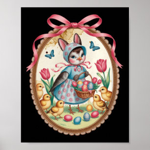 Póster Conejo de Pascua de Pájaros Robin Caza de Huevos d