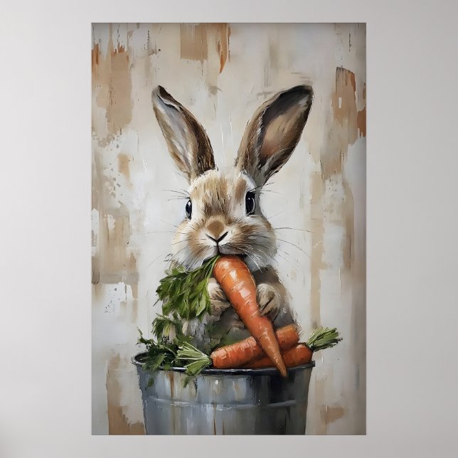 Póster Conejo de Pascua en Cubeta de Zanahorias Imprimir, (Frente)